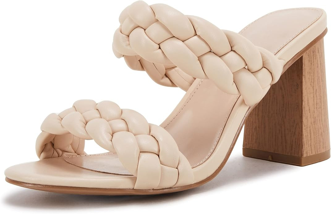 Womens Braided Heeled Sandals Chunky Block Heel Strappy Slip On Backless Mules Slide Shoes | Amazon (US)
