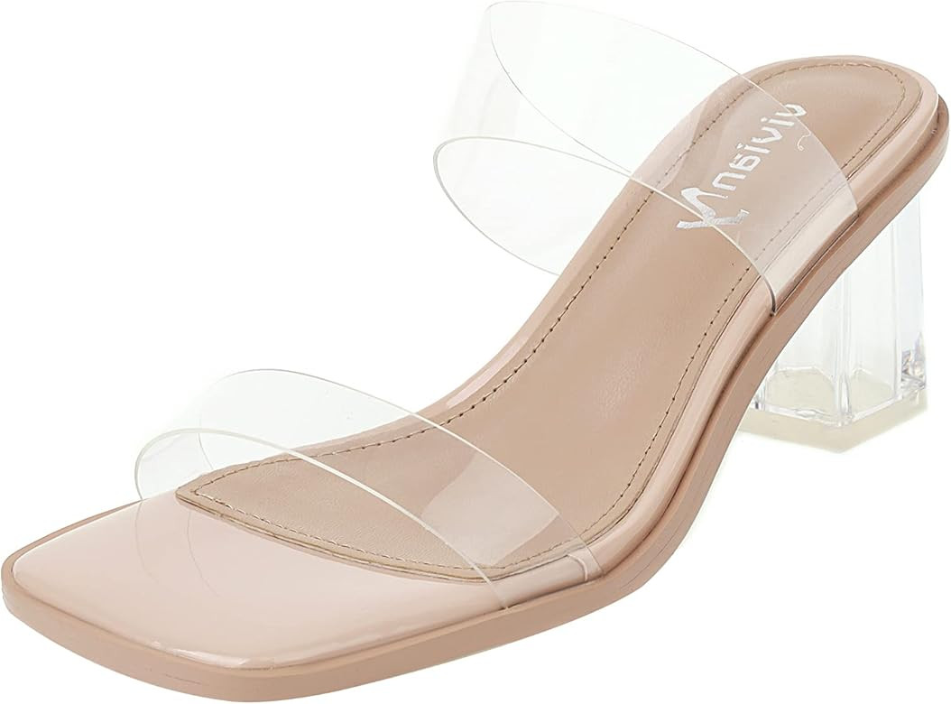 vivianly Womens Clear Heels Sandals Transparent Chunky Heels Backless Open Toe Slip on Mules Heel... | Amazon (US)