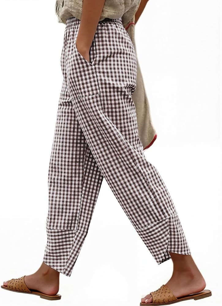 ANRABESS Womens Striped Gingham Pants Summer Lounge Cute PJ Bottom Plaid Pants Casual Wide Leg Be... | Amazon (US)