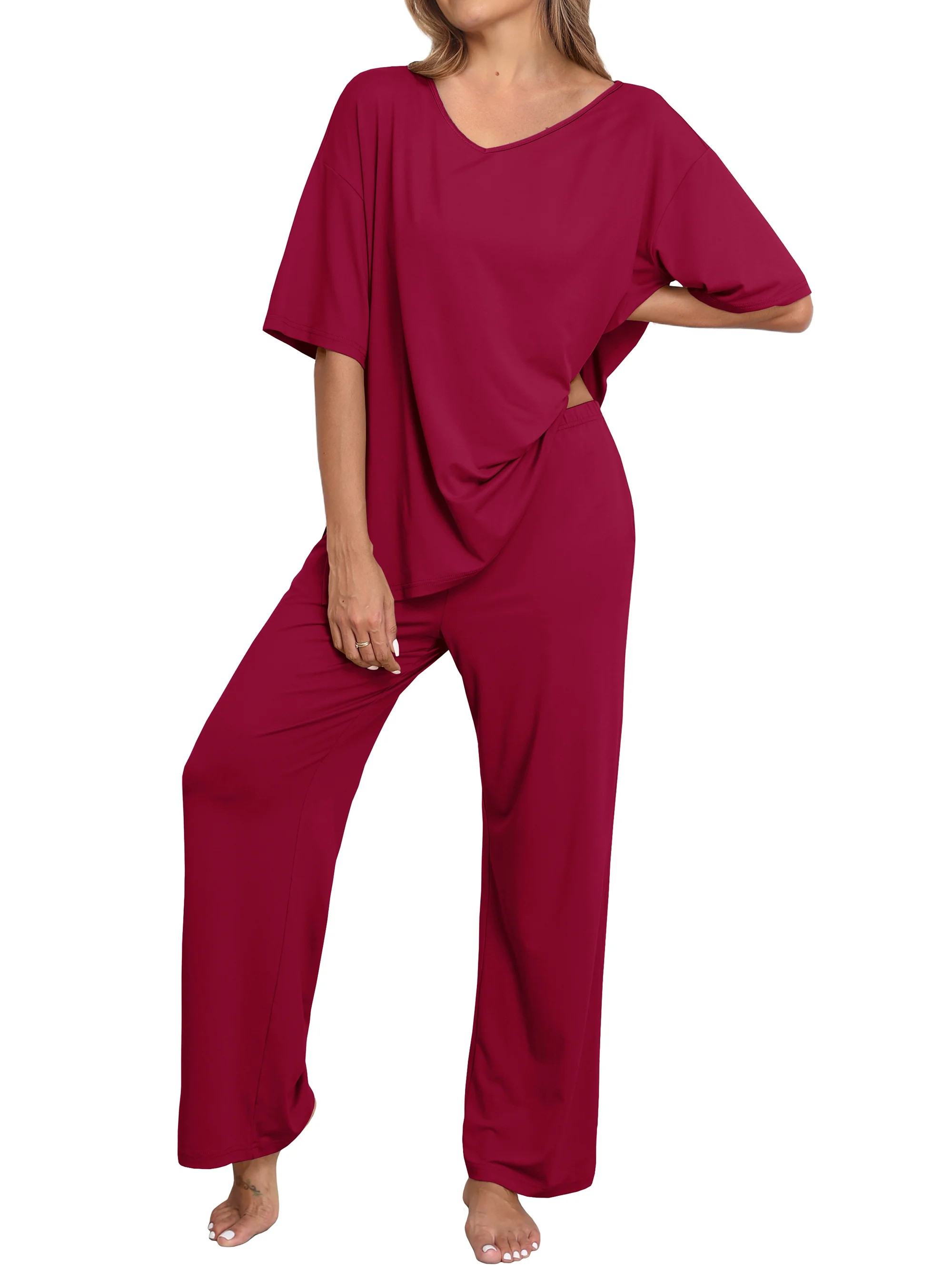 MINTREUS Lounge Sets for Women Knit Short Sleeve V-neck Tops and Long Pants Soft Comfy Pajamas Se... | Walmart (US)