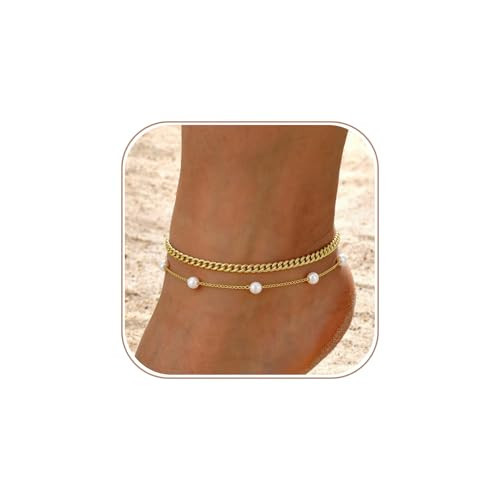 Sewyer Gold Ankle Bracelets for Women, Dainty 14K Gold Plated Anklets for Women Waterproof Cuban Link Chain Pearl Anklet Set Trendy Layered Stackable Ankle Bracelet Non Tarnish Jewelry Gifts | Amazon (US)