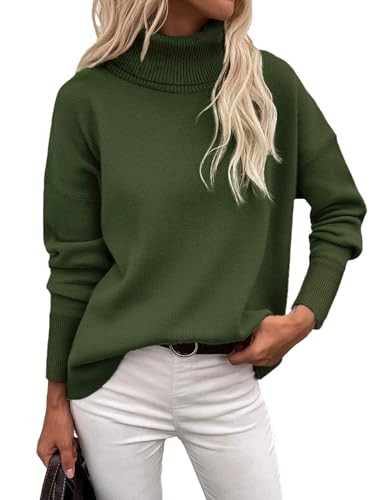 Zeagoo Women's Turtleneck Sweater 2025 Fall Winter Chunky Knitted Pullover High Low Hem Trendy Basic Jumper Top Army Green | Amazon (US)