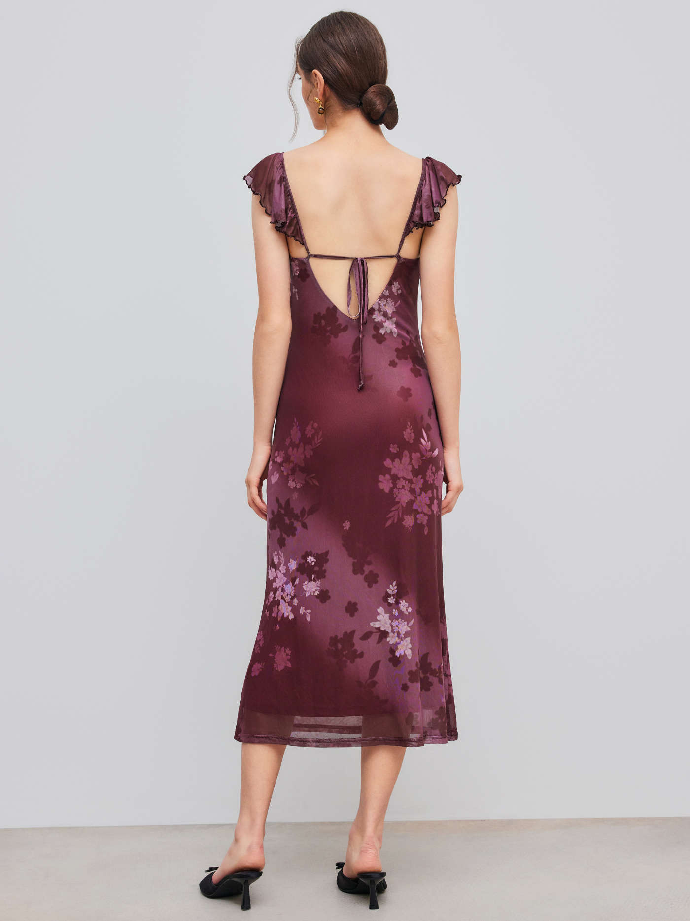 Mesh Sweetheart Neckline Floral Gradient Lettuce Trim Midi Dress... | Cider