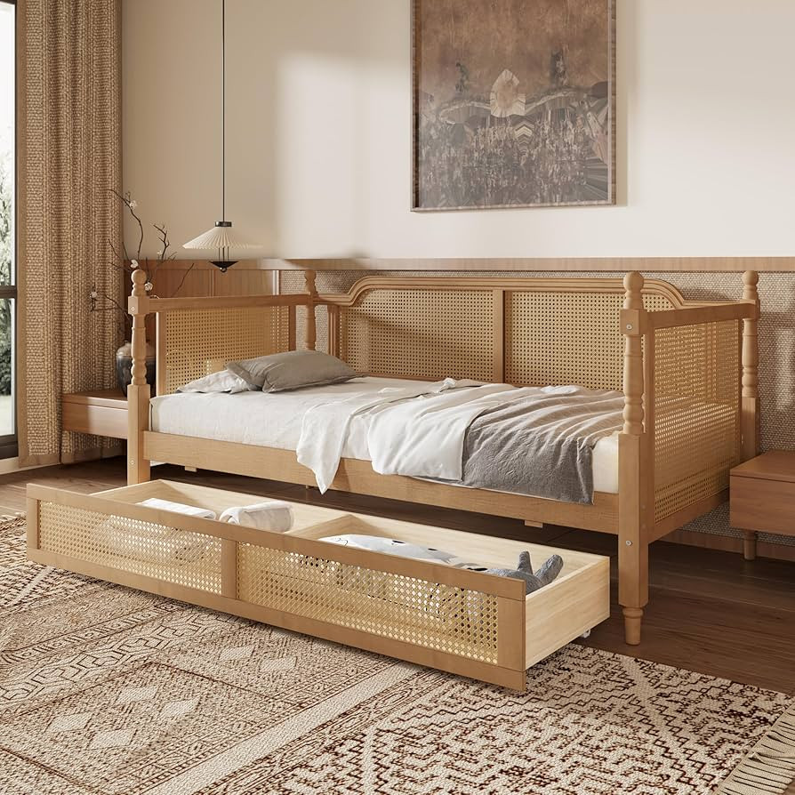 Merax Full Size Bedframe with 2 Storage Drawers and Footboard, Vintage Wooden Daybed Platform Bed... | Amazon (US)
