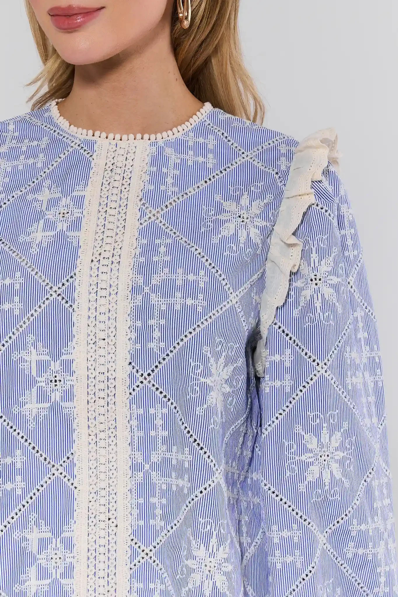 Carly Blue Embroidered Long Sleeve Top | Avara