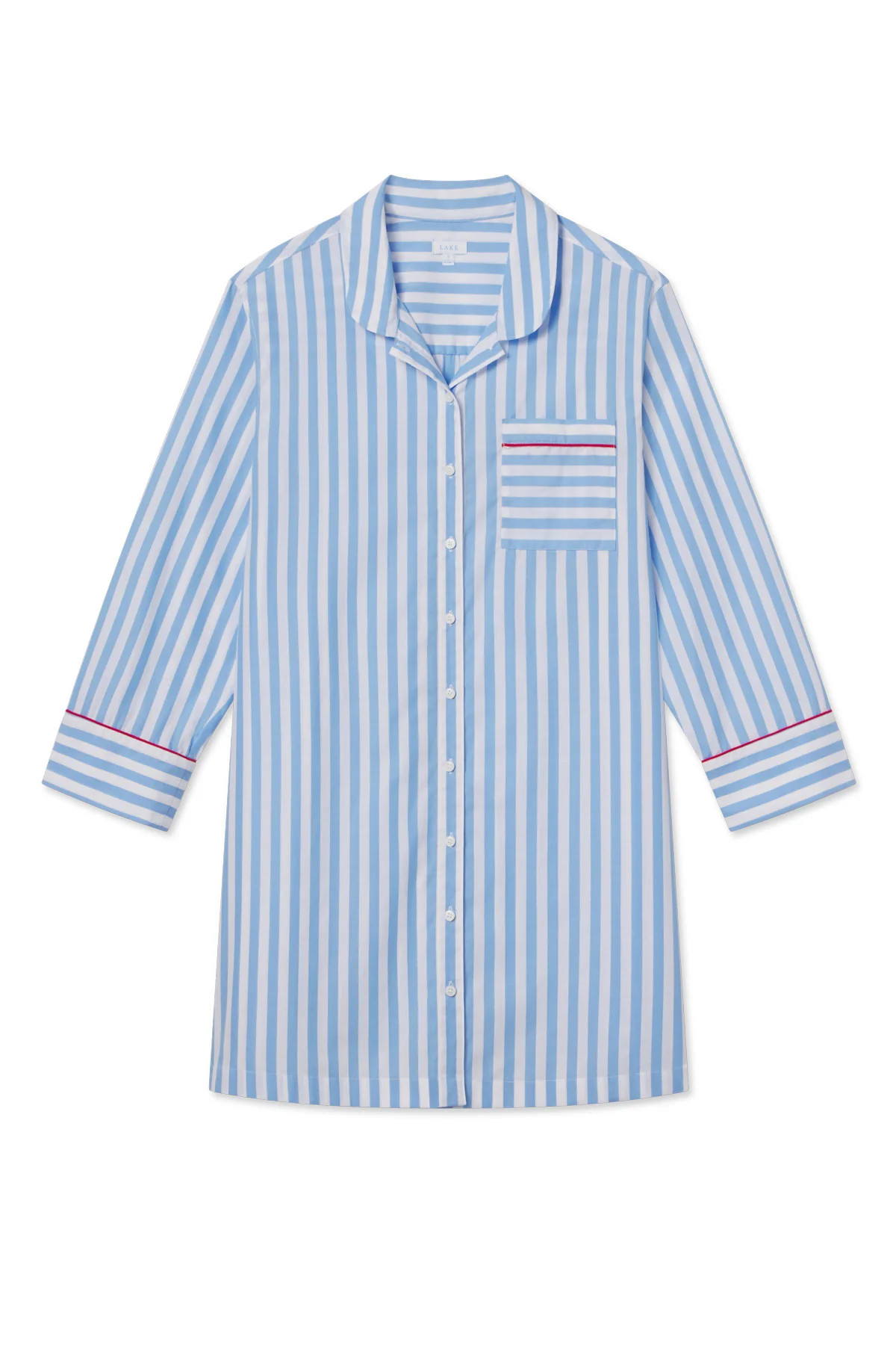 Poplin Piped Nightgown in Baltic Blue Beam Stripe | Lake Pajamas