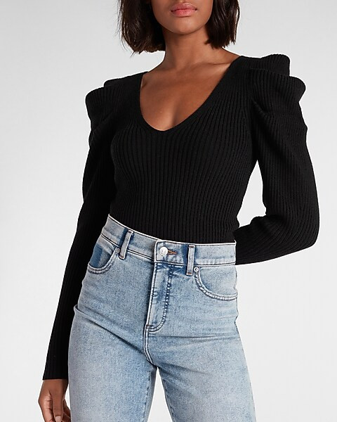 V-Neck Puff Sleeve Sweater | Express
