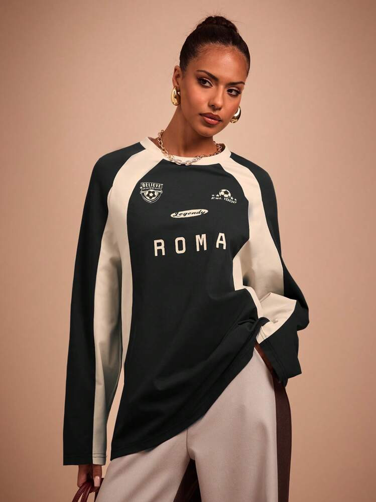 COSMINA Women's Casual Pattern Raglan Sleeve Colorblock Long Sleeve T-Shirt, Spring/Autumn | SHEIN