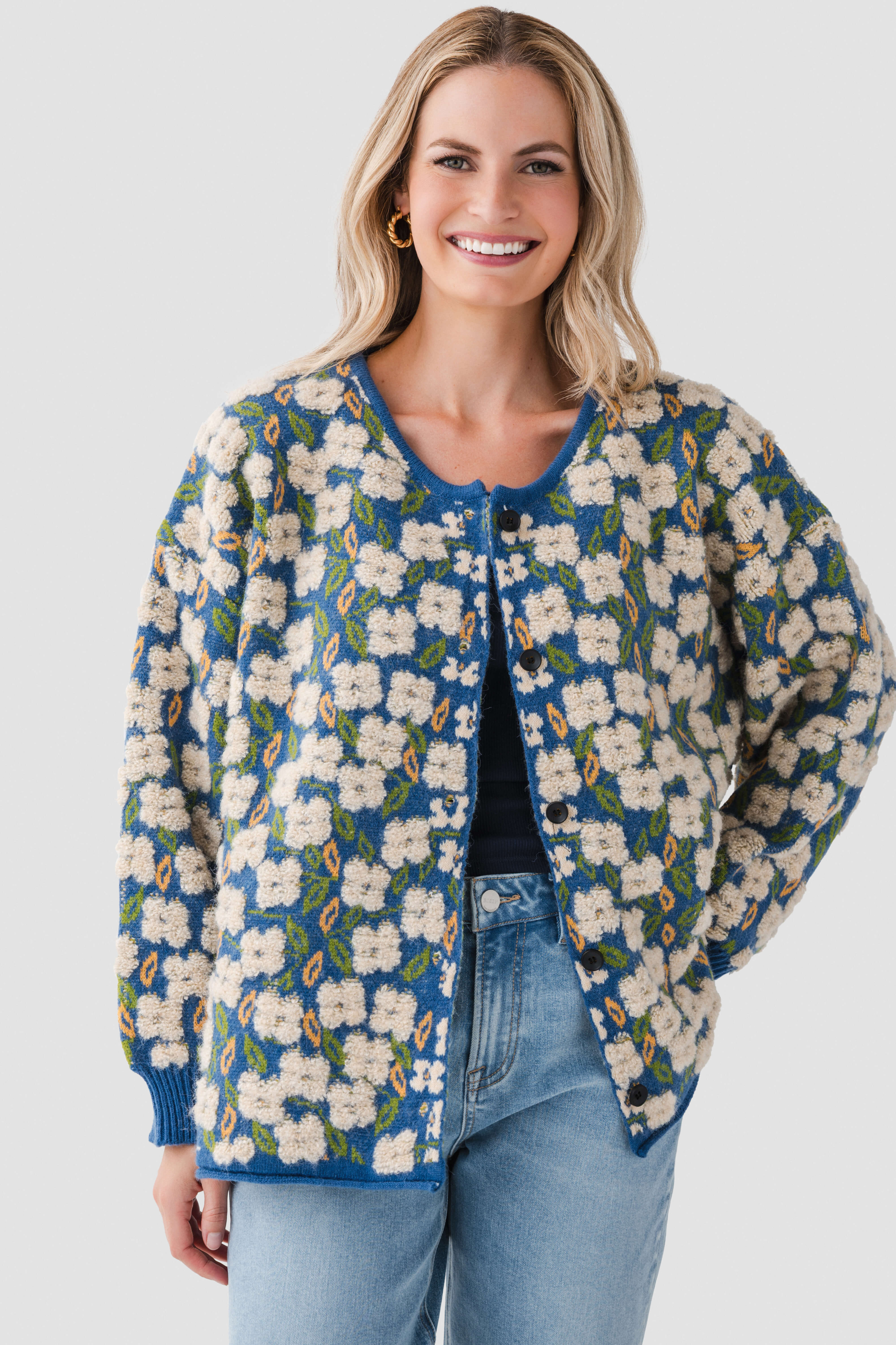 Floral Button Up Jacquard Cardigan | Social Threads