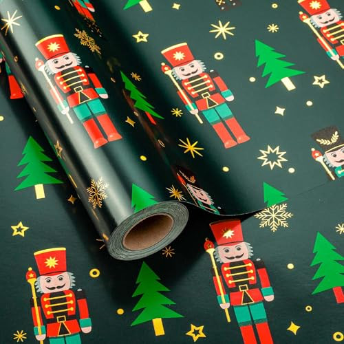 Retrify Nutcracker Wrapping Paper Roll, 17 Inches x 32.8 Feet Green Gift Wrap for Christmas New Year Holiday, Christmas Tree/Snowflake/Star Design | Amazon (US)