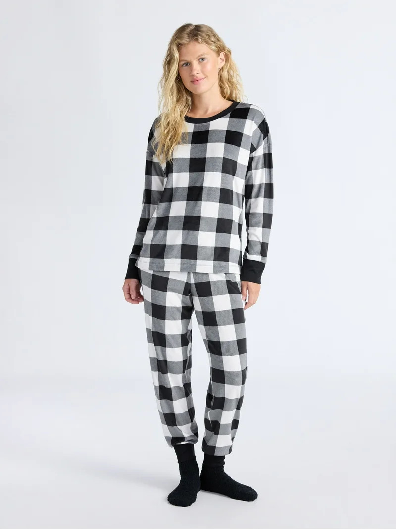 Joyspun Women’s Stretch Velour Long Sleeve Top, Pants, and Socks Pajama Set, 3-Piece, Sizes XS-... | Walmart (US)