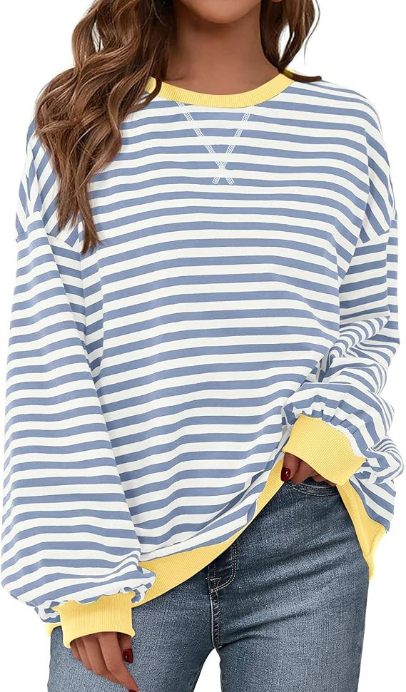 BTFBM Womens Striped Pullover Tops Spring Clothes 2026 Long Sleeve Shirts Trendy Crew Neck Loose ... | Amazon (CA)