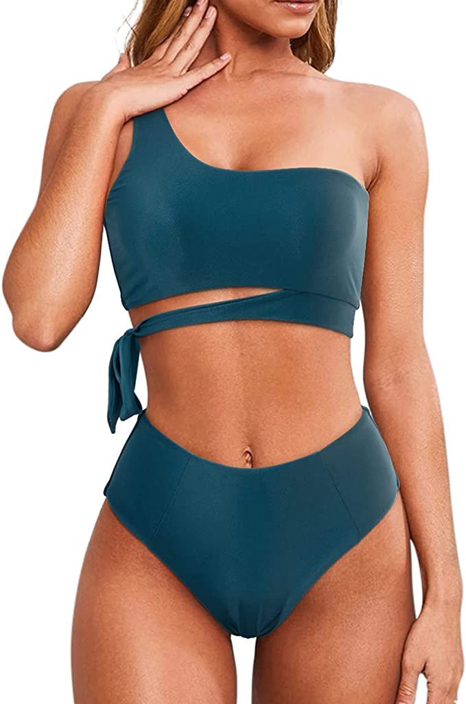 MOOSLOVER Women One Shoulder High Waisted Bikini Tie High Cut Two Piece Swimsuits | Amazon (US)