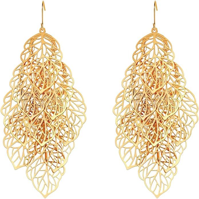 14K Gold Plated Leaf Dangle Earrings for Women Big Gold Statement Drop Earrings | Amazon (US)