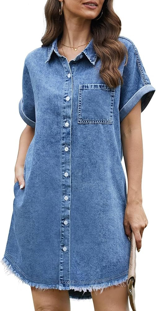 Denim Dress for Women Midi Jean Shirt Dresses Button Down Short Sleeve Summer Womens Jeans Babydo... | Amazon (US)
