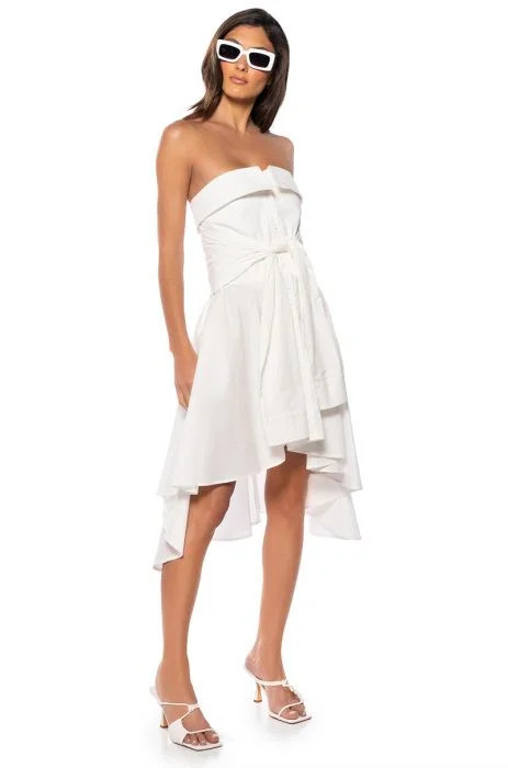 FLORA STRAPLESS TIE WAIST POPLIN MINI DRESS in white | AKIRA