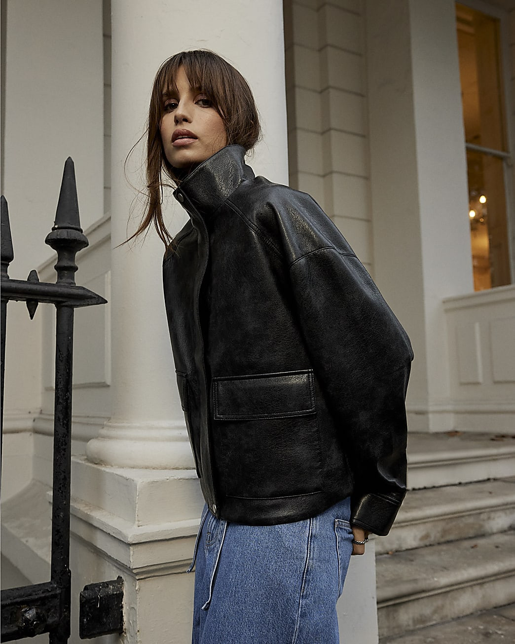 Black Funnel Neck Faux Leather Bomber Jacket | River Island UK & IE