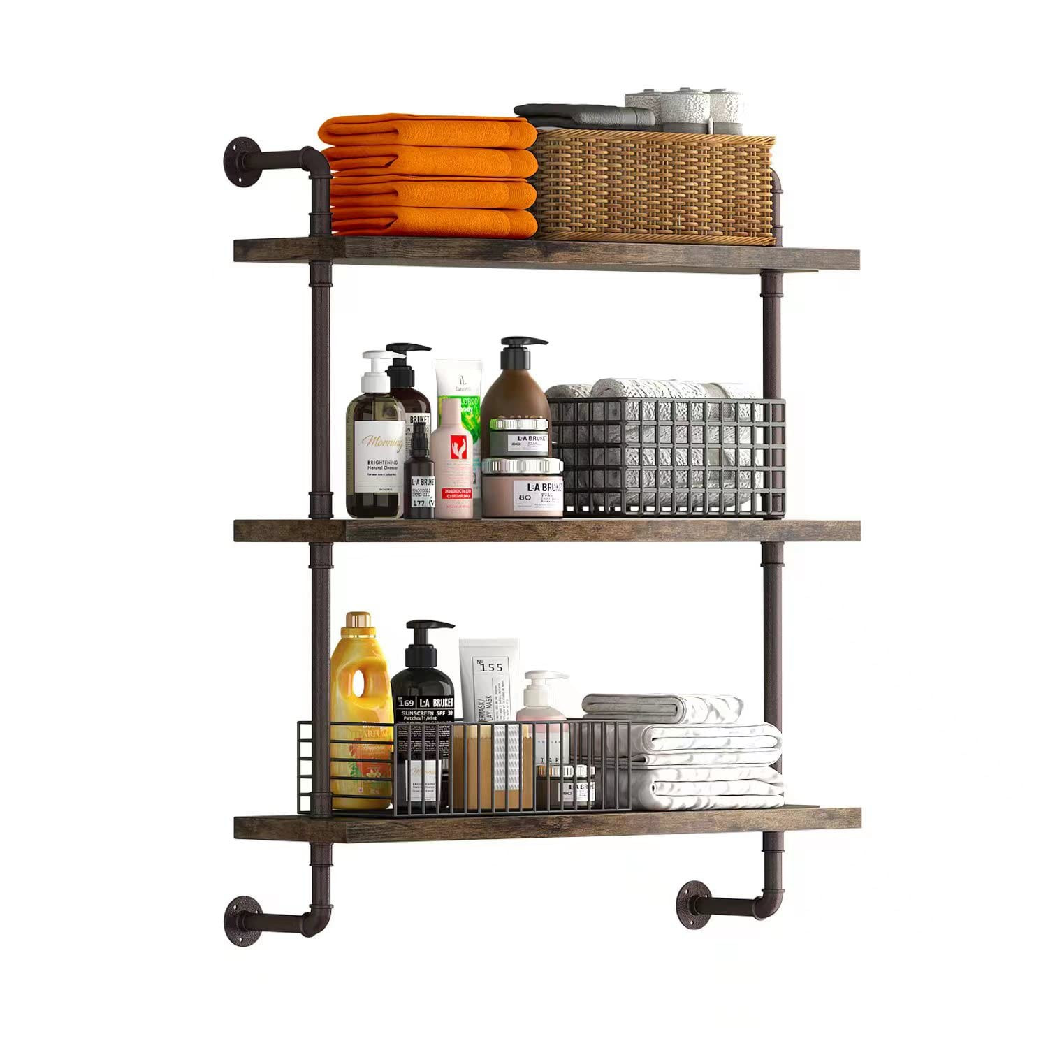 Helsin 3 Tier Industrial Pipe Shelf Rustic Wood Floating Shelves,Wall Display Bookshelf,Storage R... | Amazon (US)