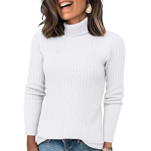 Turtle Neck Sweater for Women Winter Fitted Cable Knit Mock Neck Sweater Dressy Cozy Warm Business Long Sleeve Tunic Tops Preppy Soft Trendy Casual Solid Color Casual Sweaters for Women White M | Amazon (US)