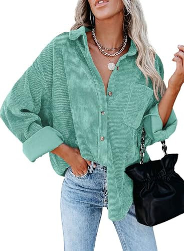 MIHOLL Womens Corduroy Button Down Shirts Casual Long Sleeve Jacket Oversized Boyfriend Blouses Tops with Pockets | Amazon (US)