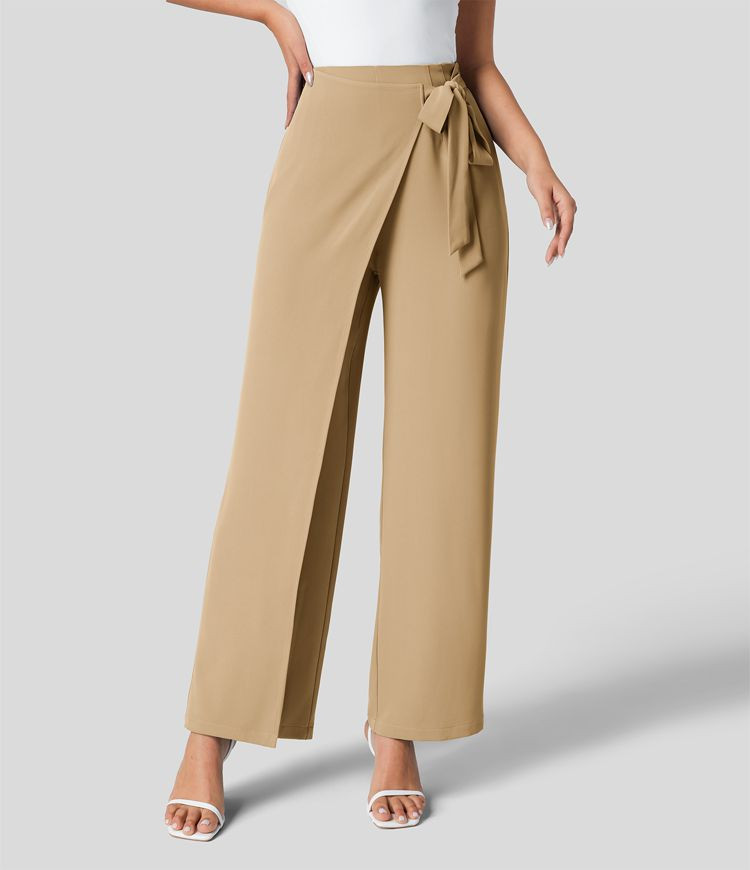 High Waisted Tie Side Invisible Zipper Wide Leg Work Suit Pants | HALARA