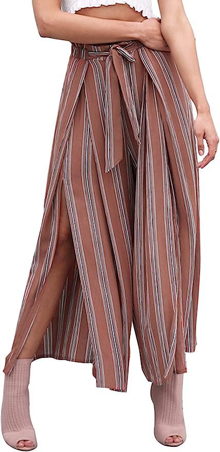 Simplee Women's Elegant Striped Split High Waisted Belted Flowy Wide Leg Pants | Amazon (US)