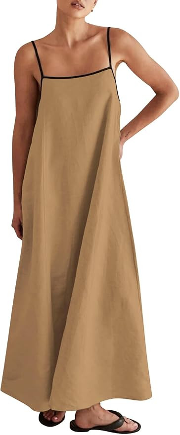 Lisskolo Women Spaghetti Strap Maxi Dress Solid Color Linen Sleeveless A Line Contrast Swing Beac... | Amazon (US)