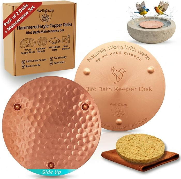 Bird Bath Copper Disk & Maintenance Set, 2 Hammered Style 0.8mm, 99.9% Pure Copper Plate, Rustic ... | Amazon (US)