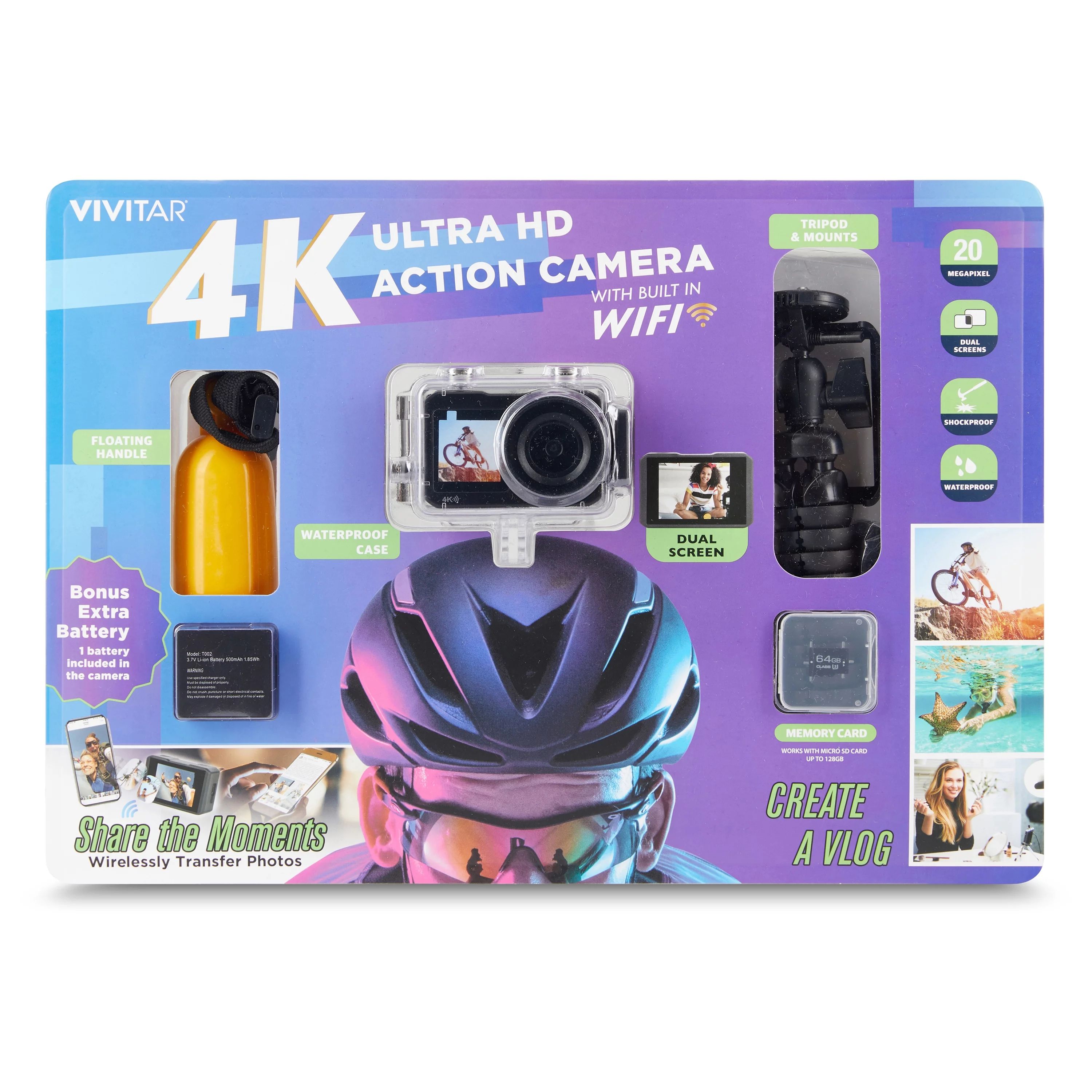 Vivitar 4K Ultra HD Action Camera Kit, Dual Screen with Wifi, Bonus Battery, Includes SD Card, Fl... | Walmart (US)
