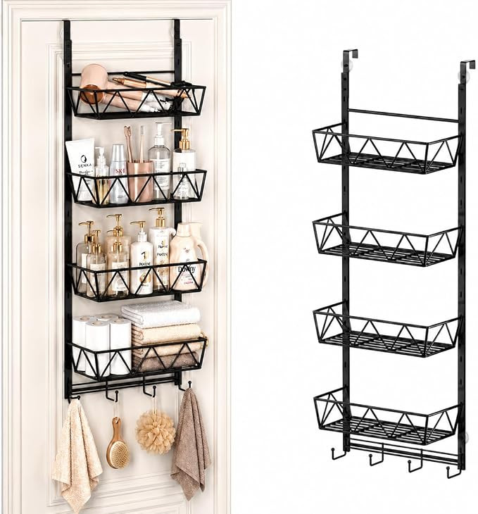 Over the Door Bathroom Organizer,Hair Dryer Holder with Hooks, 4-Tier | 4-tier adjustable over-do... | Amazon (US)