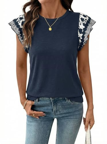 Acelitt Womens Summer Ruffle Short Sleeve Top Crewneck T Shirts Boho Floral Trim Casual Blouses | Amazon (US)
