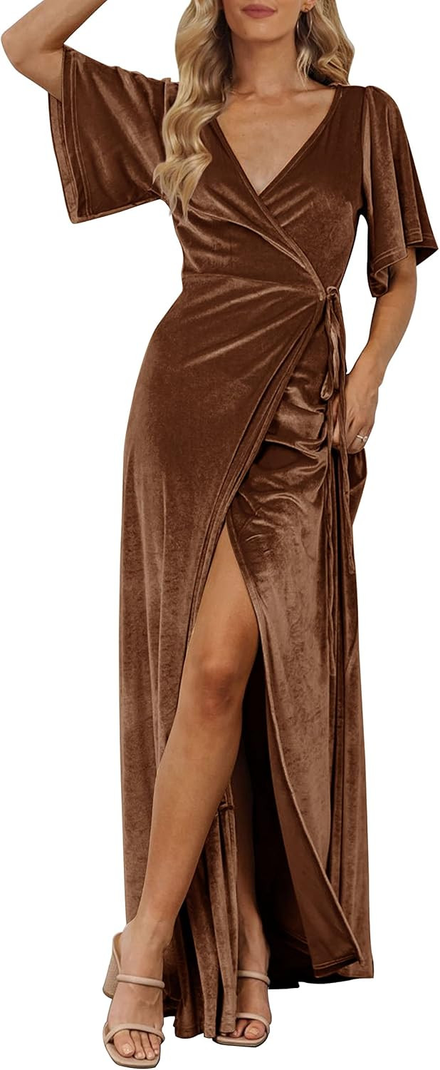 MEROKEETY Women's Wrap V Neck Wedding Guest Cocktail Velvet Maxi Dress | Amazon (US)