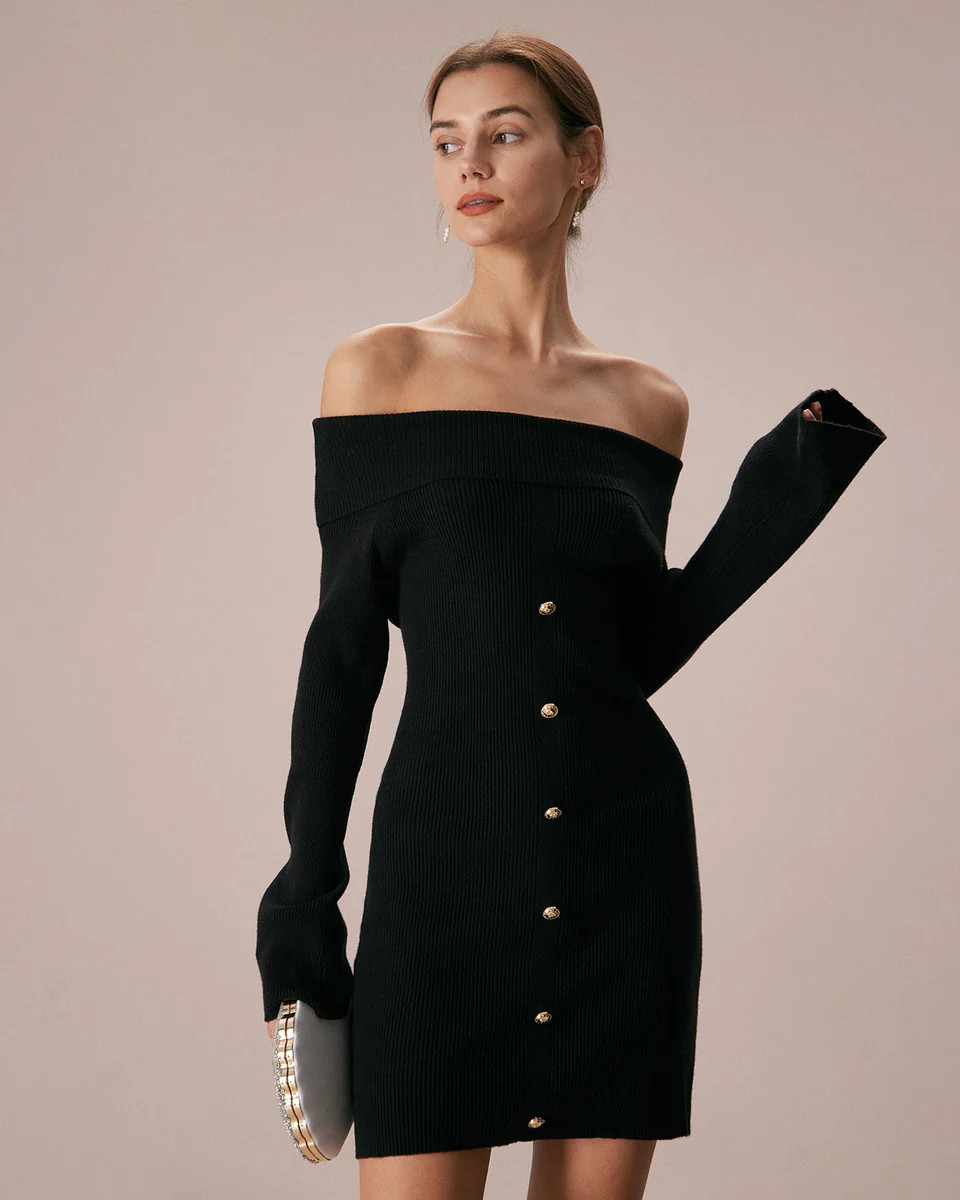 The Black Off The Shoulder Sweater Mini Dress & Reviews - Black - Dresses | RIHOAS | rihoas.com