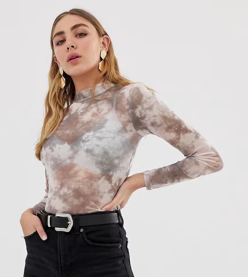 New Look tie dye mesh high neck top in grey pattern | ASOS (Global)