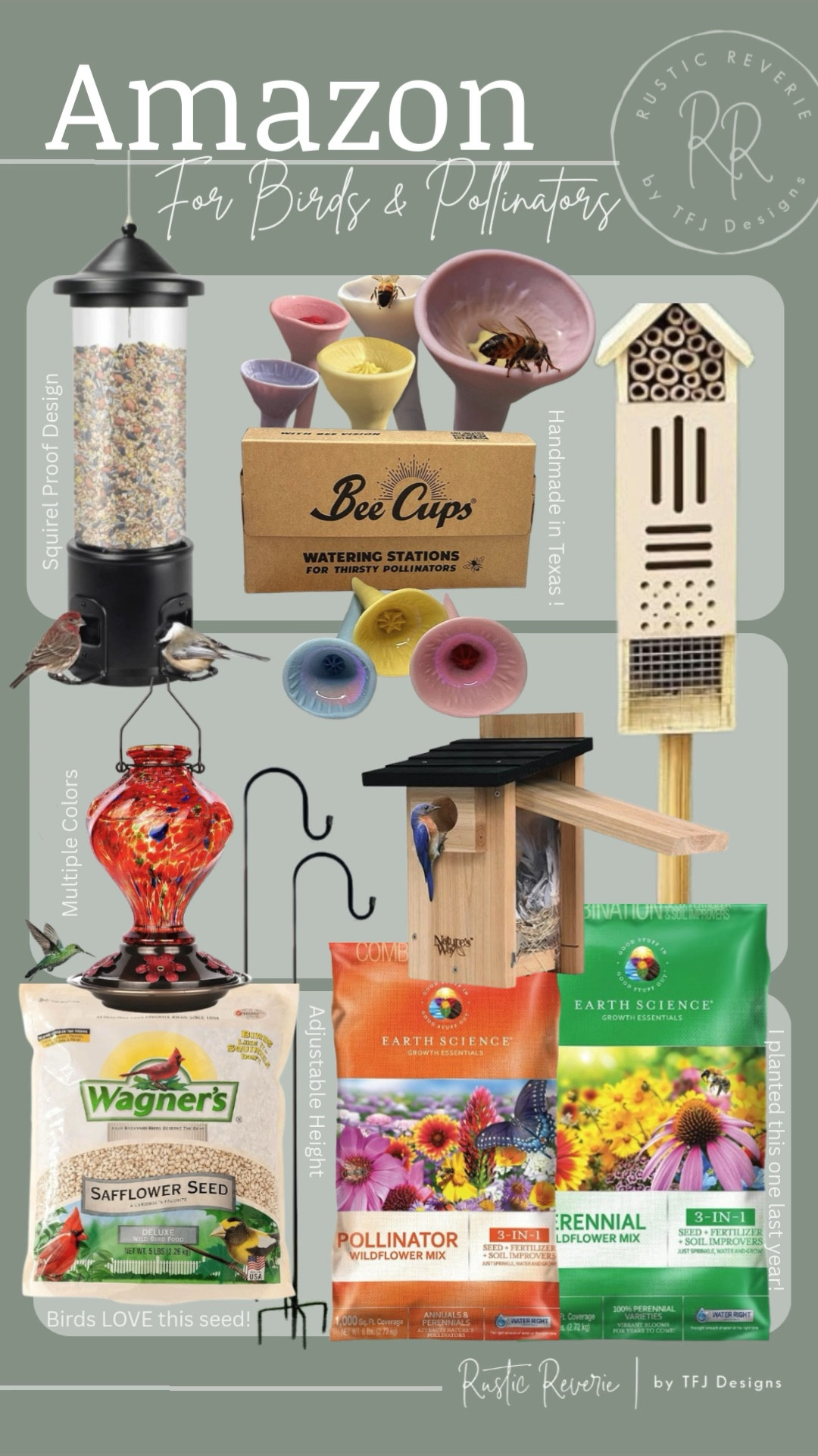 If you want to bring more birds and pollinators to your garden this year here are so things you can add this Spring! I’m so excited to add Bee Cups to my garden this year. They are hand made here in North Texas! 🐝 amazon creator favorites cottage gardening gardener backyard insect bird feeder hummingbird bird house wildflower seed safflower bird food shepards hook birding watching

#LTKHome #LTKspring #LTKOver40