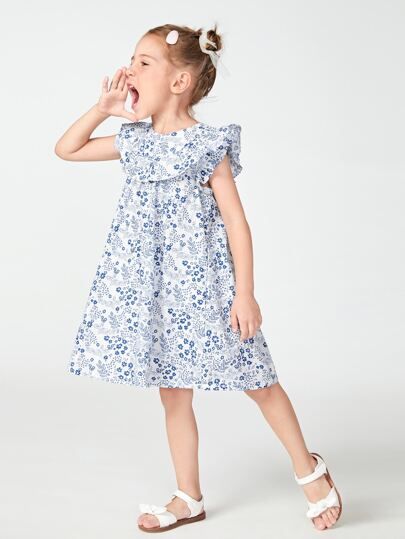 SHEIN Toddler Girls Botanical Print Ruffle Armhole Dress | SHEIN