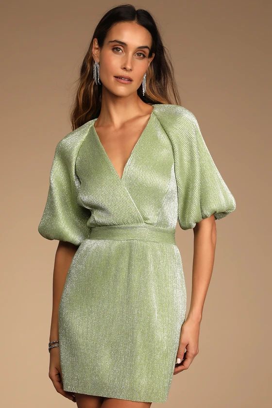 Ethereal Angel Light Green Glitter Puff Sleeve Mini Dress | Lulus