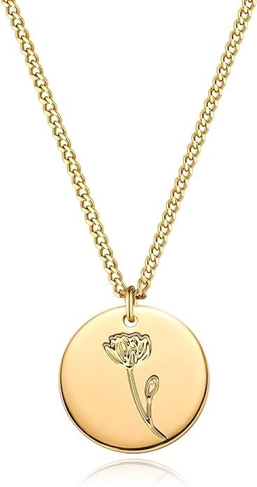 MEVECCO Birth Flower Necklace 18k Gold Engraved Custom Floral Pendant Necklaces Dainty Birth Mont... | Amazon (US)