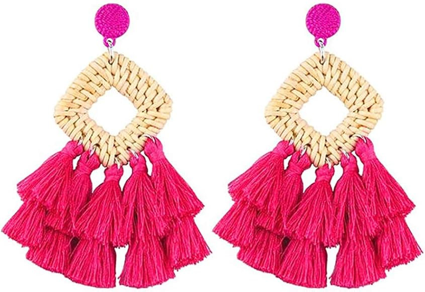 KOHOTA Bohemian Rattan Tassel Earrings for Women Lightweight Boho Jewelry Handmade Weaving Geometric | Amazon (US)