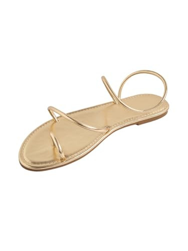 GORGLITTER Women's Metallic Strappy Thong Flat Sandals Open Toe Dressy Slide Sandal Gold 7.5 | Amazon (US)