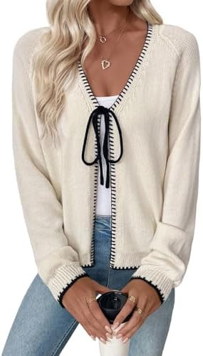 EVALESS Womens Cardigan Sweaters Trendy V Neck Long Sleeve Open Front Bow Tie Knit Chunky Lightwe... | Amazon (US)