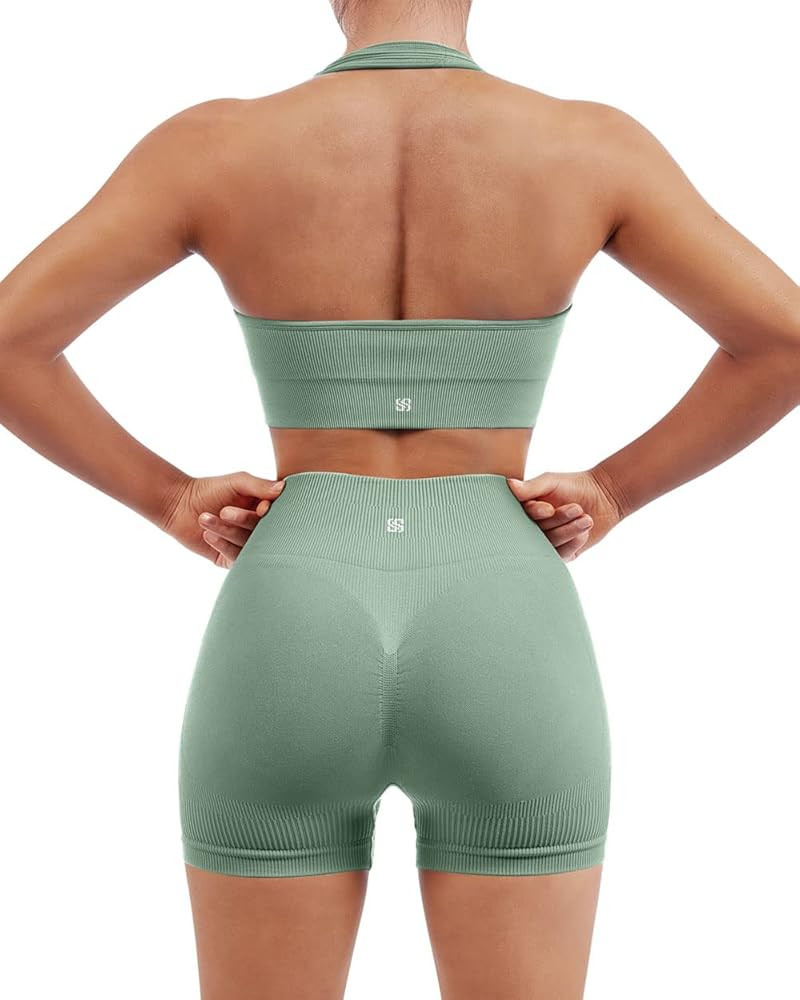 SUUKSESS Women Seamless Ribbed Workout Set Backless Sports Bra Booty Biker Short | Amazon (US)