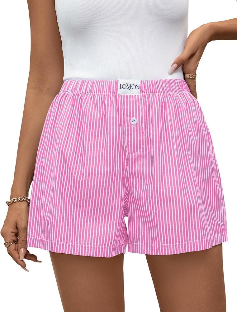 LOMON Womens Boxer Shorts Casual Summer Cotton Pajama Lounge Sleep Pj Gingham Plaid Shorts Y2K Be... | Amazon (US)