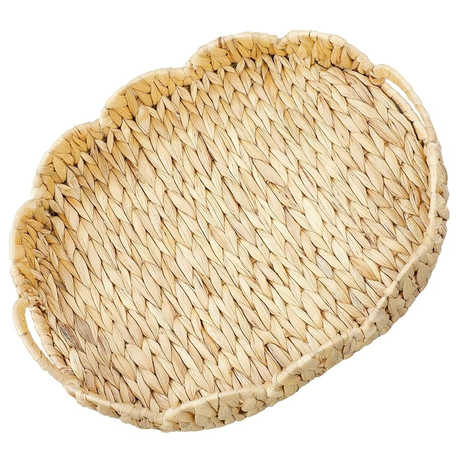 16.5'' Wicker Scalloped Tray,Rattan Serving Trays with Handles,Water Hyacinth Basket for Decorati... | Amazon (US)
