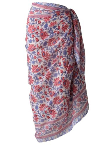 100% Cotton Sarong Coverup for Women Indian Hand Block Print Swimsuit Pareo Wrap Skirt Beach Bikini Cover Up Long (73" x 43") | Amazon (US)