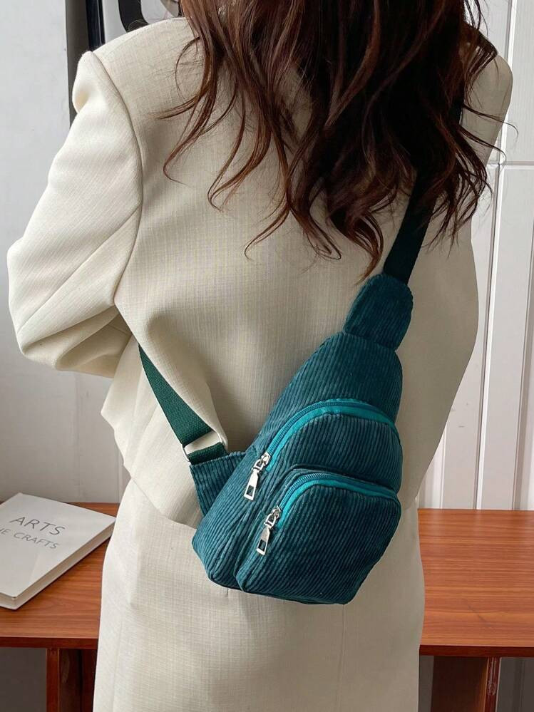 Mini Solid Color Simplex Luxurious Corduroy Leopard Print Chest Bag | SHEIN