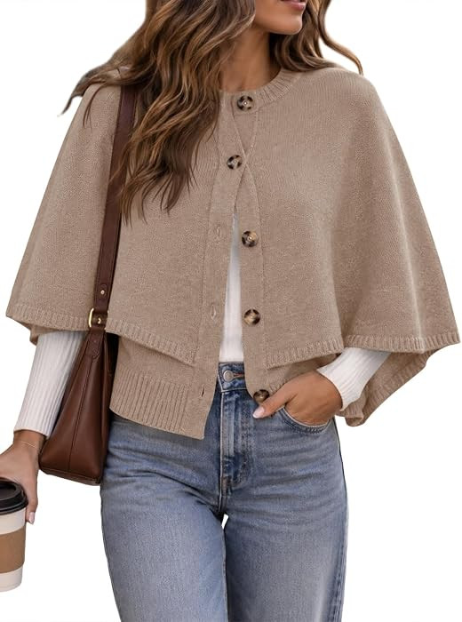 Saodimallsu Womens Cropped Cape Cardigan Button Up Crew Neck Jacket Shawl Fall Trendy Knit Sweate... | Amazon (US)
