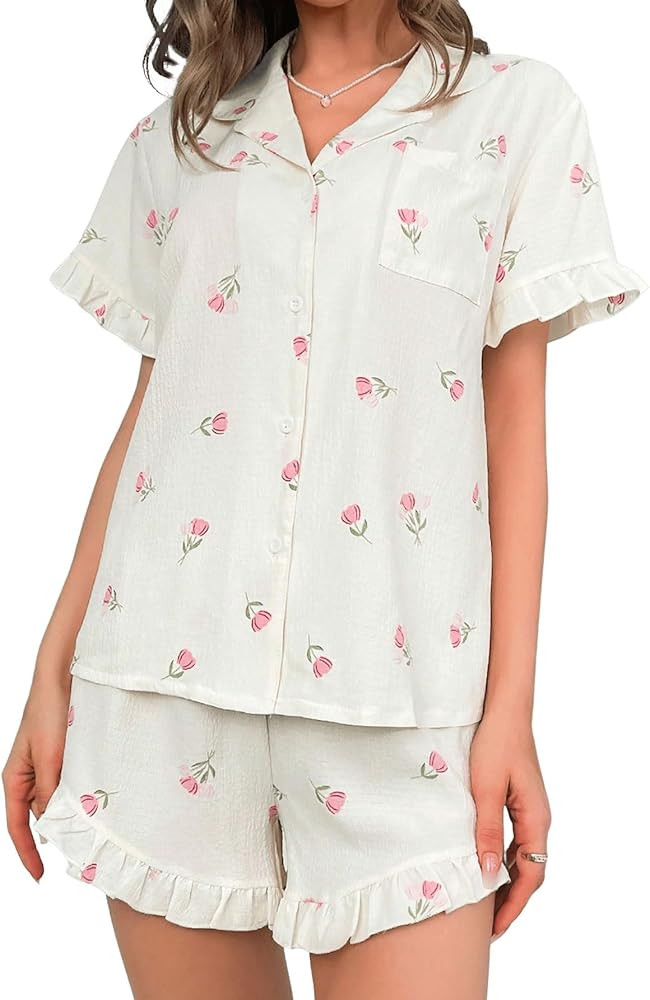 Verdusa Women's 2 Piece Pajama Floral Print Ruffle Trim Short Sleeve Top and Shorts PJ Set Beige ... | Amazon (US)