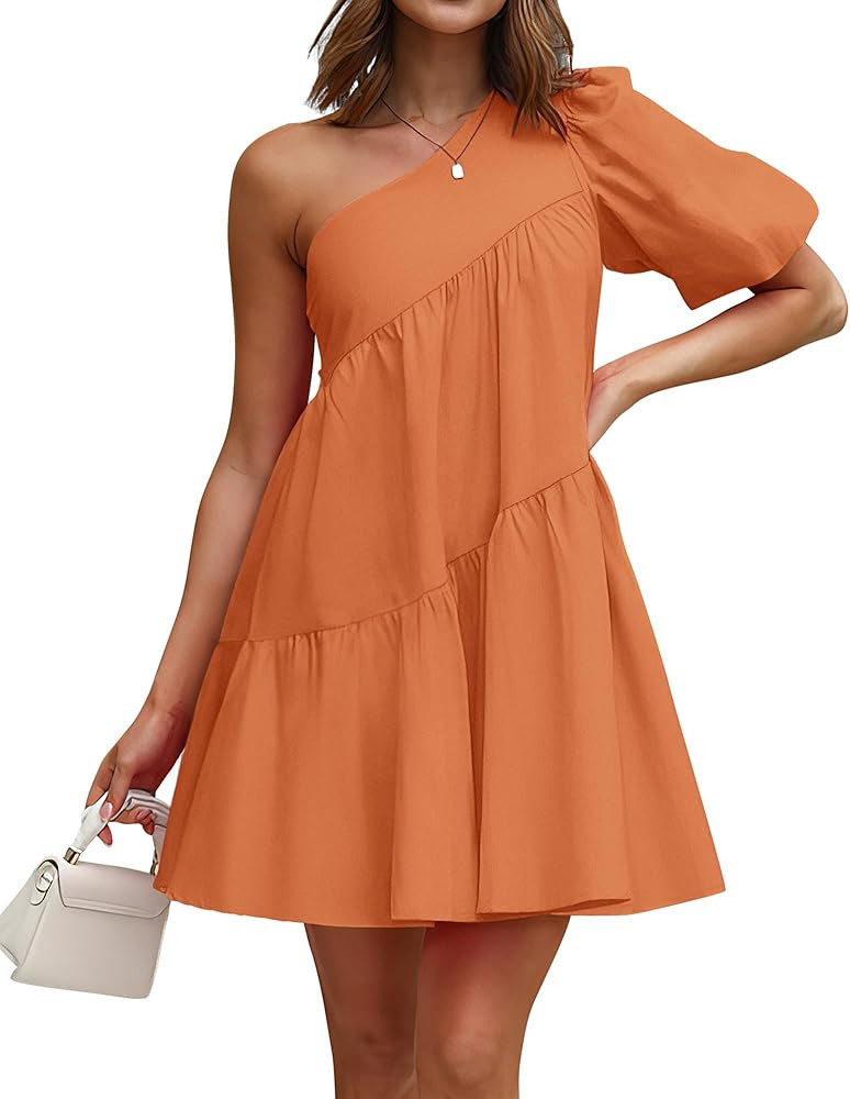 KIRUNDO Summer One Shoulder Mini Baby Doll Dresses Women 2026 Casual Puff Sleeve Loose Tiered A L... | Amazon (US)