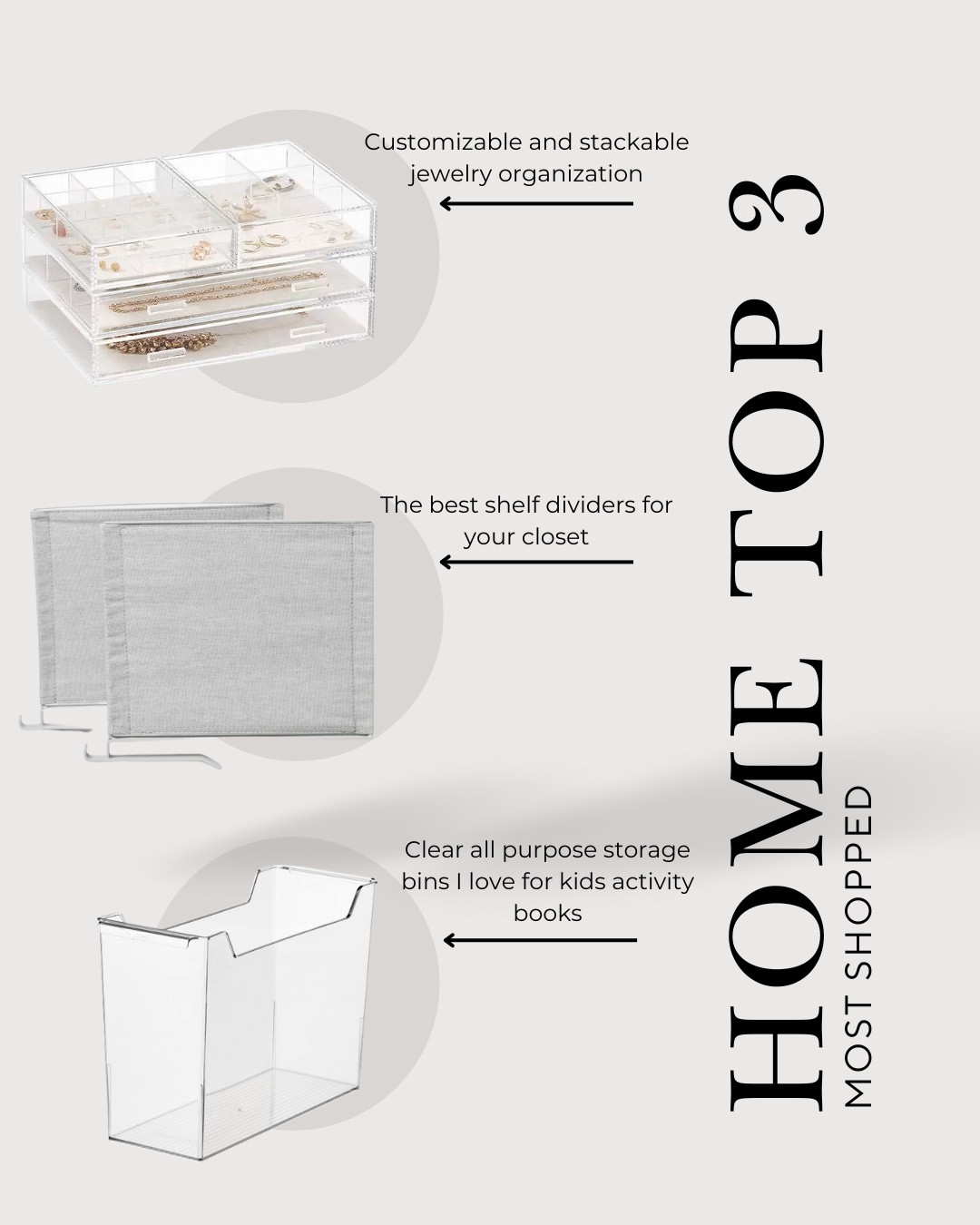 3 home finds I own and love, they all happen to be the most clicked links last week.  The customizable and stackable clear jewelry cases, a great gift for her.
Love these shelf dividers I use them in my closet,  and these clear all purpose bins. I love for toys and craft books.

#BestSellers #Home #HolmOrganization #JewelryOrganization #ClosetOrganization

#LTKStyleTip #LTKFamily #LTKHome